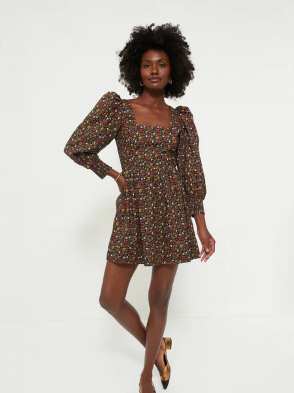 Tuckernuck Floral Square-Neck Puff Sleeve Mini Dress - Black Multi